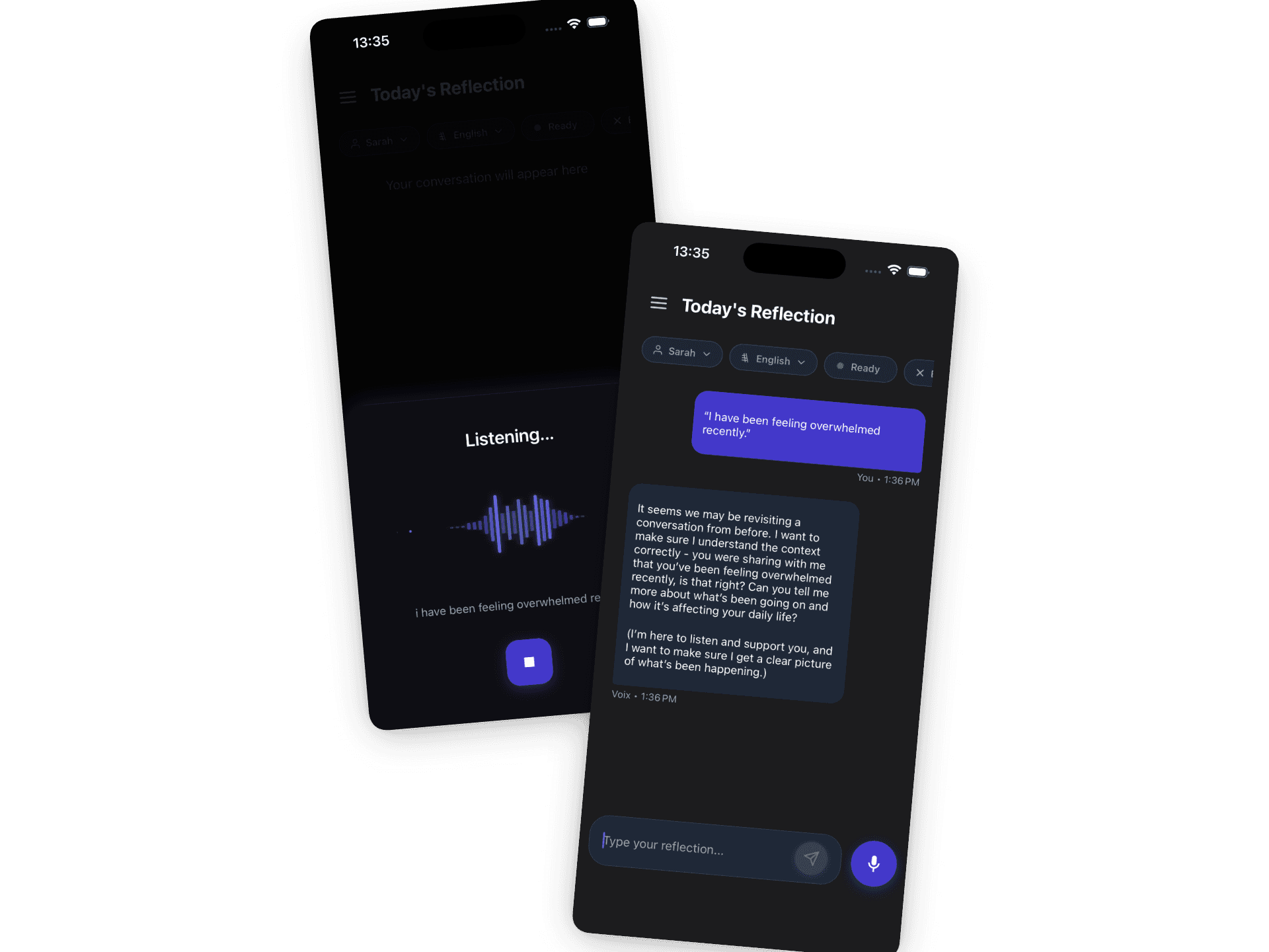 Voix app showing voice journaling and a conversation with Sarah, your AI companion